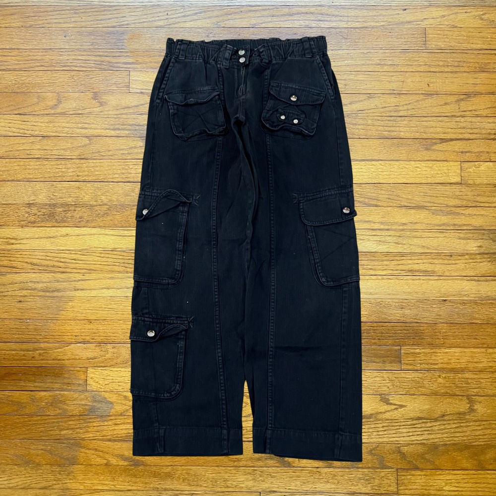 Free People Black Cargo Pants Wide Leg Utility Multi Pocket Washed Black